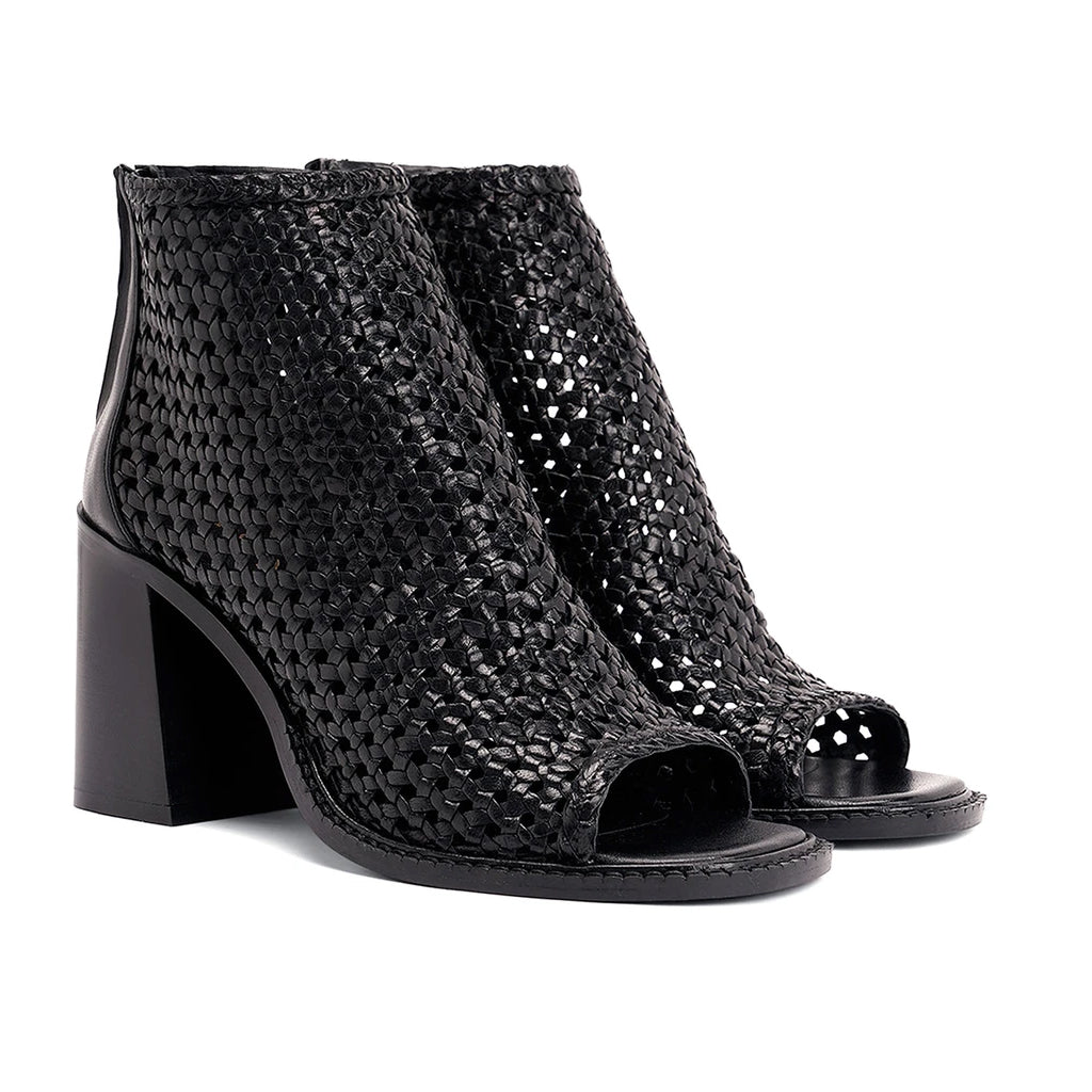 Saint Anna Black Hand Woven Leather Block Heels.