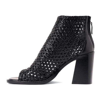Saint Anna Black Hand Woven Leather Block Heels.