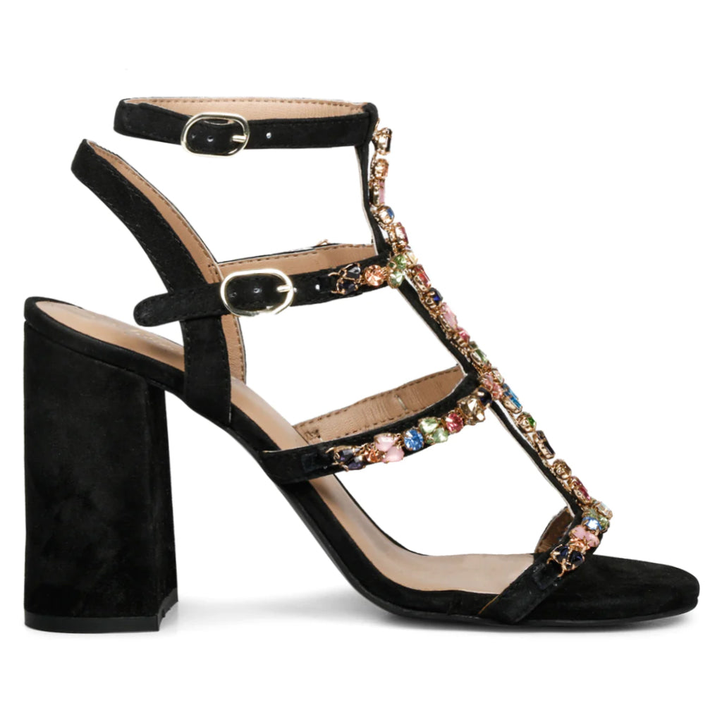 Striking black heels with intricate stone detailing by Saint Gretel.