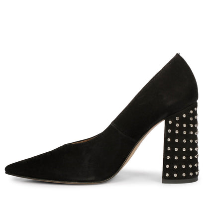 Sleek Crystal-Adorned Black Leather Pumps
