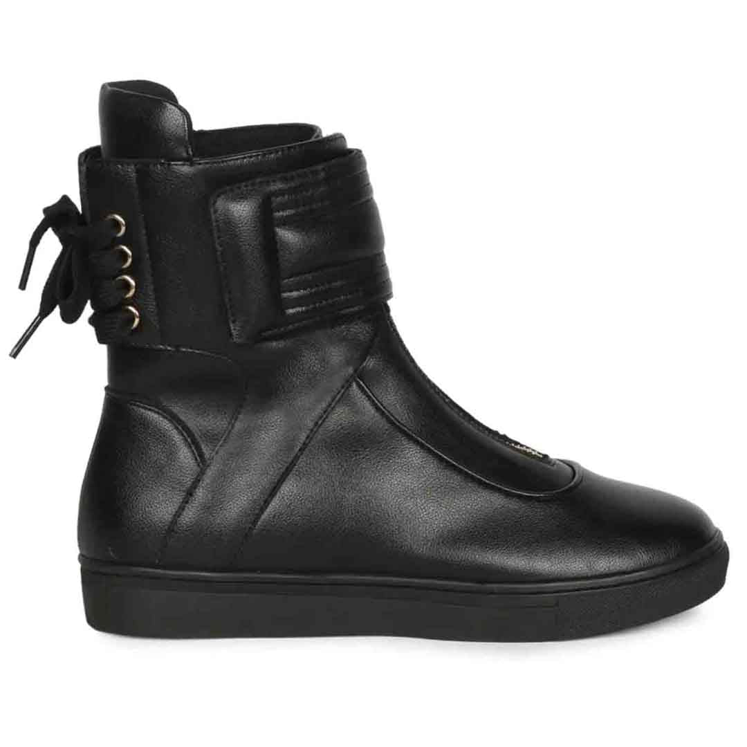 Whitesta Gabriella Black Leather Front Zipper Round Toe Heel Sneakers