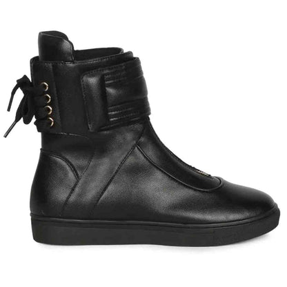 Whitesta Gabriella Black Leather Front Zipper Round Toe Heel Sneakers