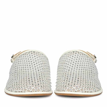 Saint Elira Strass Embellished White Mesh & Leather Flats