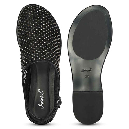 Saint Elira Strass Embellished Black Mesh & Leather Flats