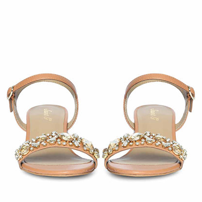 Saint Ella Stones Embellished Tan Leather Block Heels