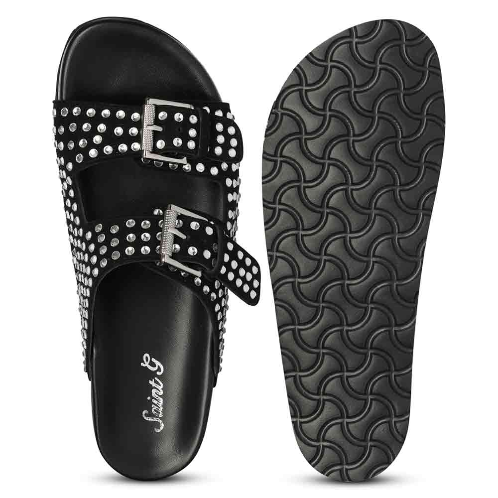 Saint Heidi Silver Strass Black Leather Flats