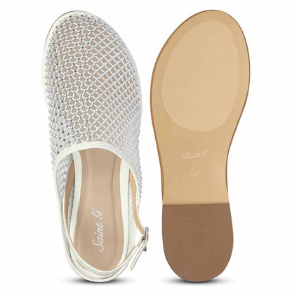 Saint Elira Strass Embellished White Mesh & Leather Flats