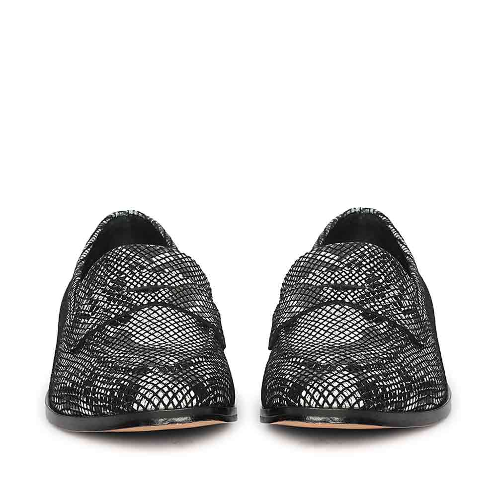 Saint Ellis White and Black Snake Print Leather Loafers.