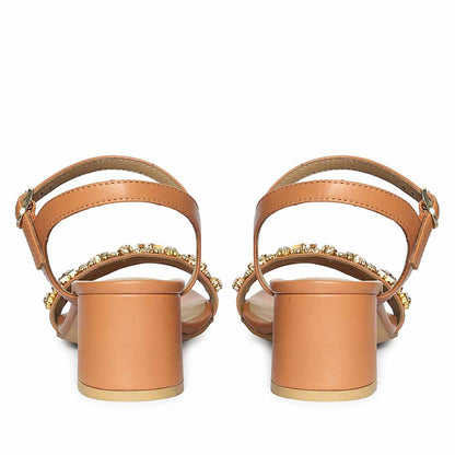 Saint Ella Stones Embellished Tan Leather Block Heels