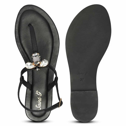 Saint Elara Stone Embellished Black Leather Sandals
