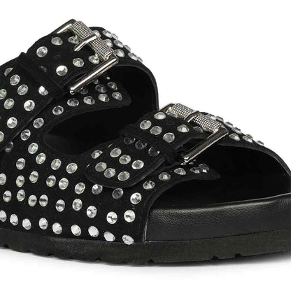 Saint Heidi Silver Strass Black Leather Flats