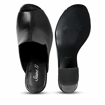 Amor Black Leather Block Heel Mules.