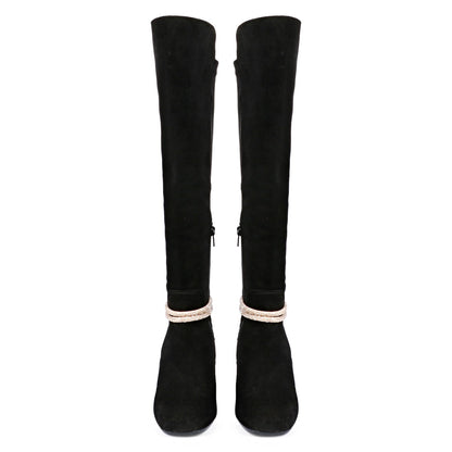 Saint Lumina Golden Cord String Black Leather Knee High Boots