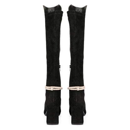Saint Lumina Golden Cord String Black Leather Knee High Boots