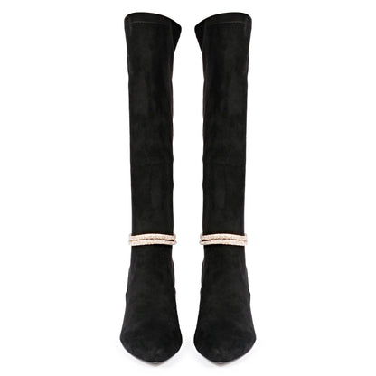 Saint Lumina Golden Cord String Black Stretch Suede Long Boots