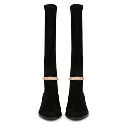 Saint Marisa Golden Cord String Black Stretch Suede Long Boots
