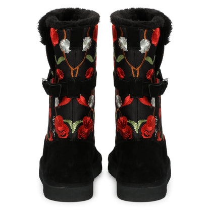 Saint Gloire Buckle Décor Boots - Floral Embroidery, Snug Fit, Fashionable Style
