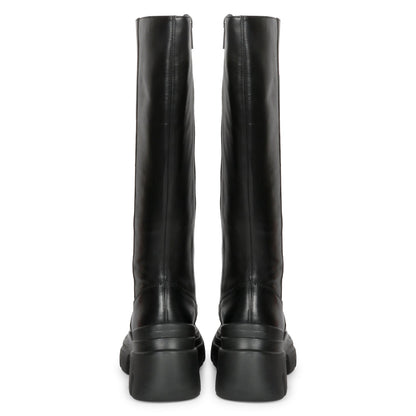 Eloïse Black Leather Lug Sole Long Boots
