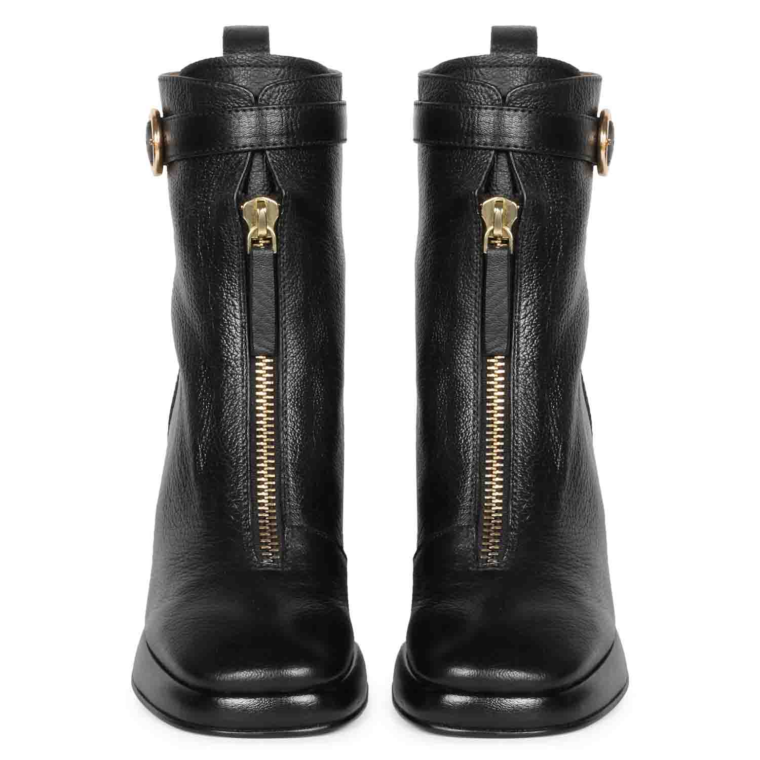 Sleek Saint Henriette Black Leather High Ankle Boots with Front Zipper - Stylish and versatile footwear for a bold fashion statement