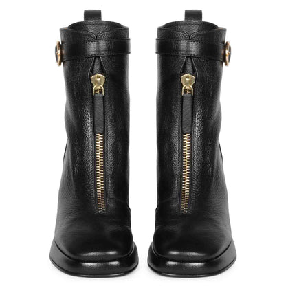 Sleek Saint Henriette Black Leather High Ankle Boots with Front Zipper - Stylish and versatile footwear for a bold fashion statement