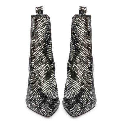 Chic snake print leather kitten heel boots for a stylish look. Perfect for any occasion. Elevate your style with these trendy boots