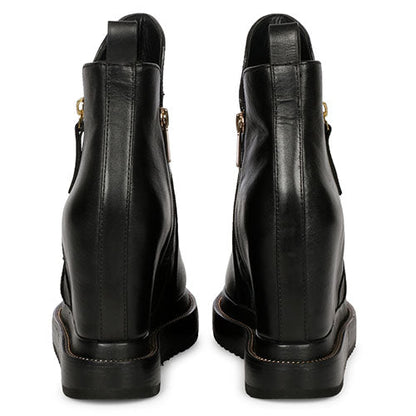 Black Leather Ankle Boots Featuring Stylish Wedge Heel Design