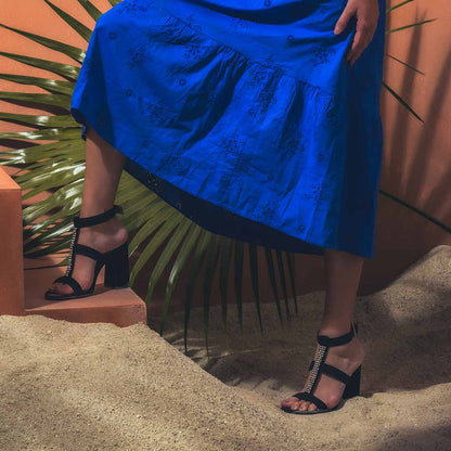 Silvia Jewel Stone Decor Black Suede Leather Heels