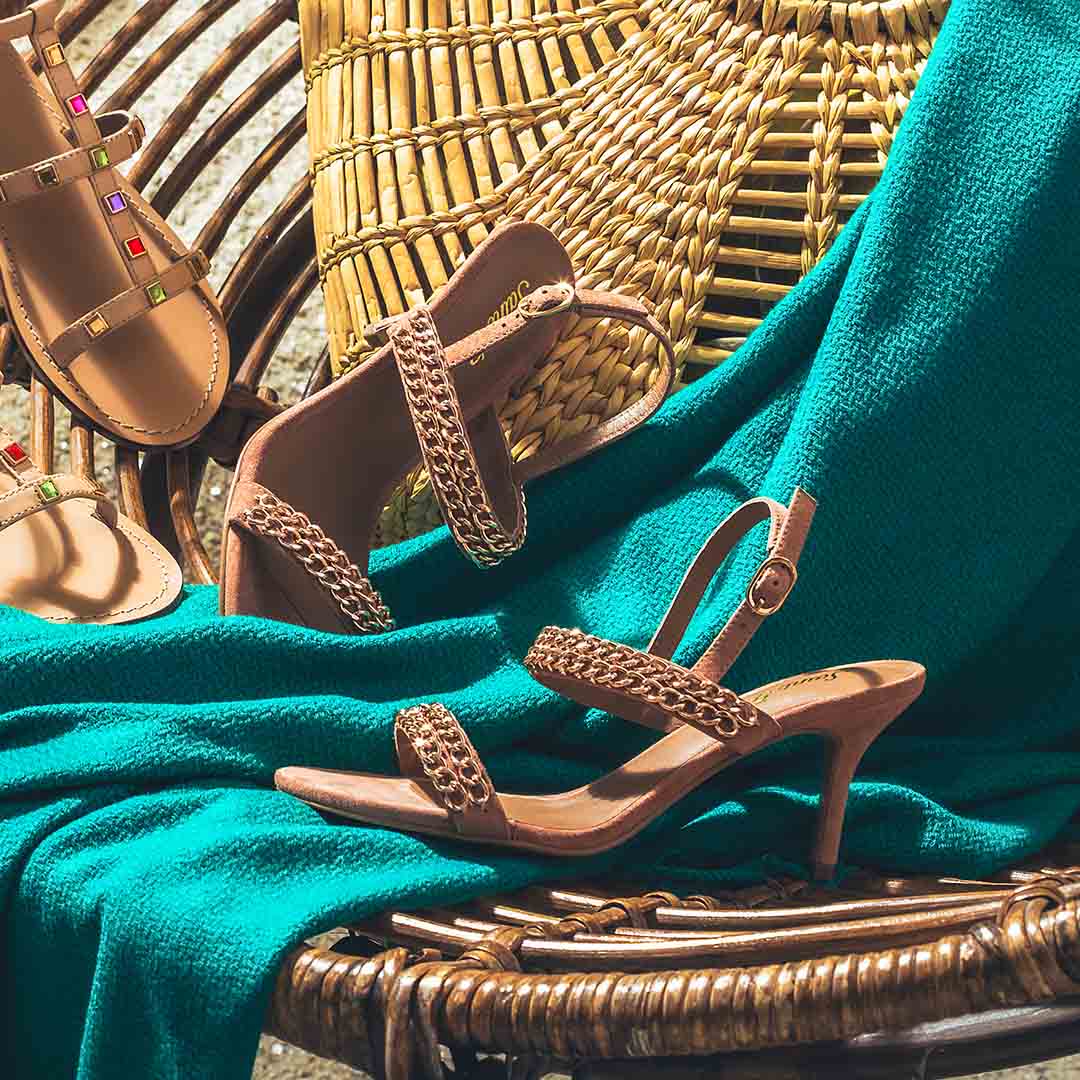 Valeria Gold Chain sand Suede Leather Stilettos