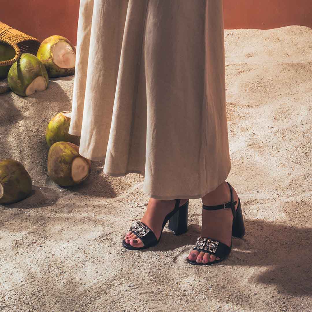 Saint Macy Silver Stone Jewel Black Leather Block Heels