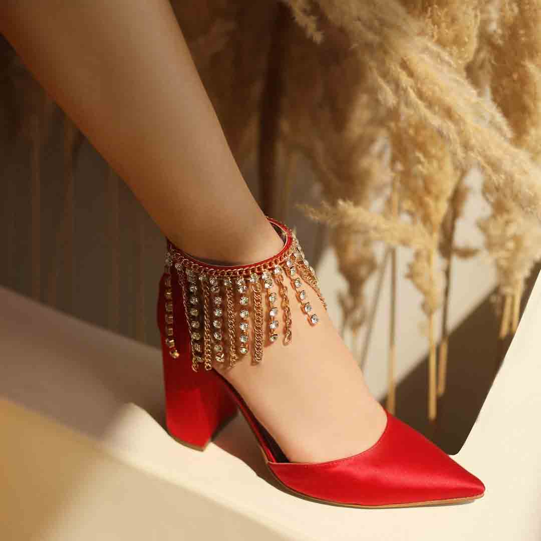 Saint Fayette Stone Studded Chain Red Satin Block Heels
