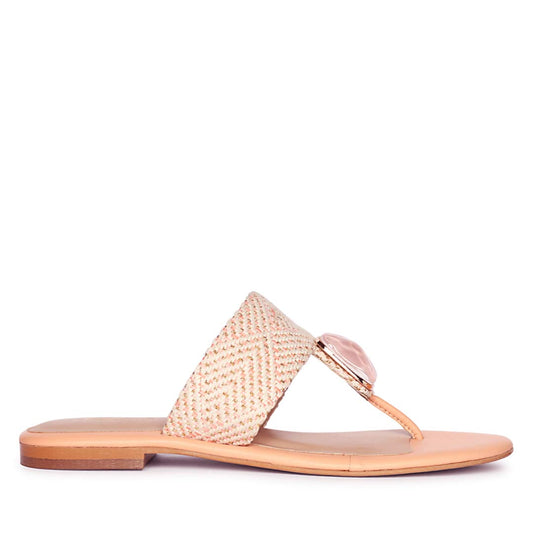 Saint Beau Stone Jeweled Pink Leather-Raffia Flat Sandals