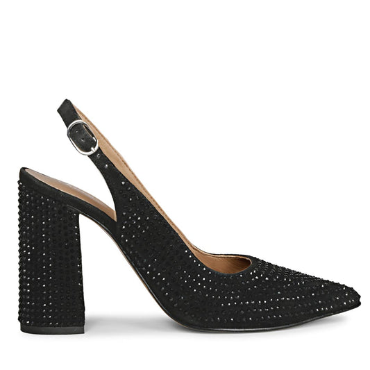 Elegant black leather heels with Alyssa crystal accents