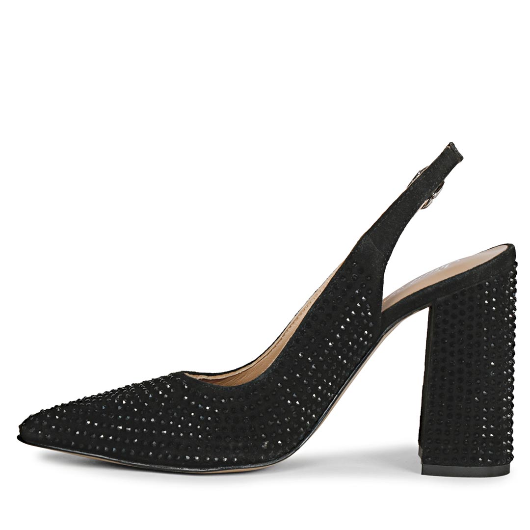 Elegant black leather heels with Alyssa crystal accents