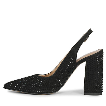 Elegant black leather heels with Alyssa crystal accents