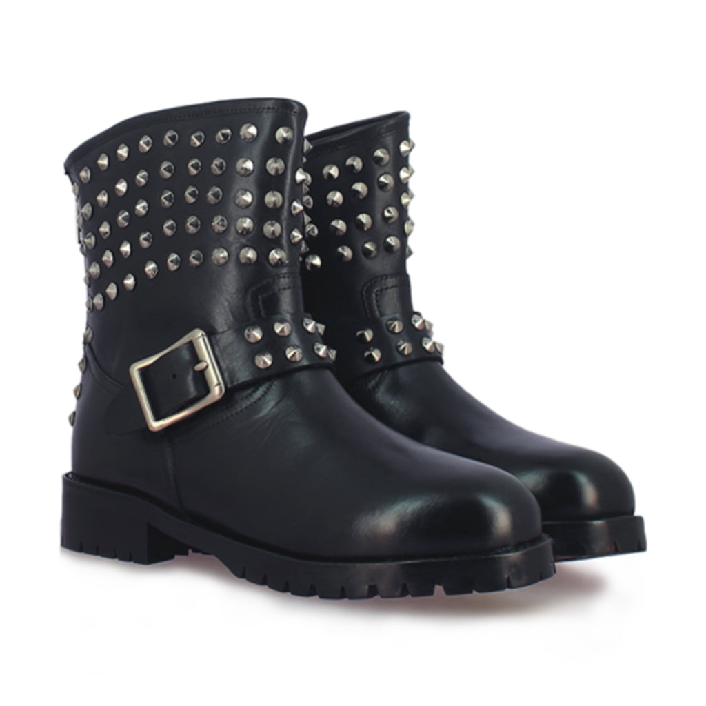 Giuseppina Metal Studded Black Leather Biker Boots