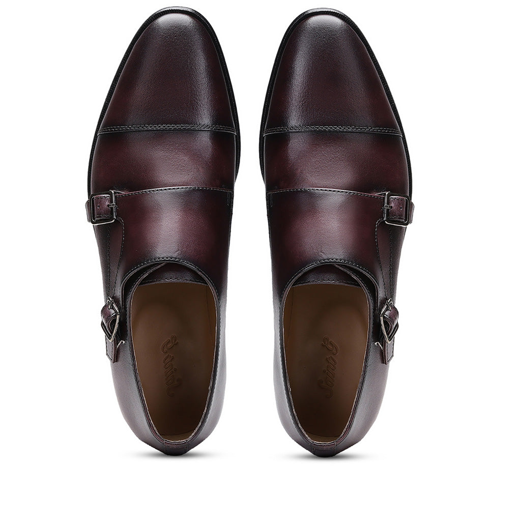 Saint Alboin Two Color Toned Red Leather Double Buckled Monk Strap Shoes - SaintG