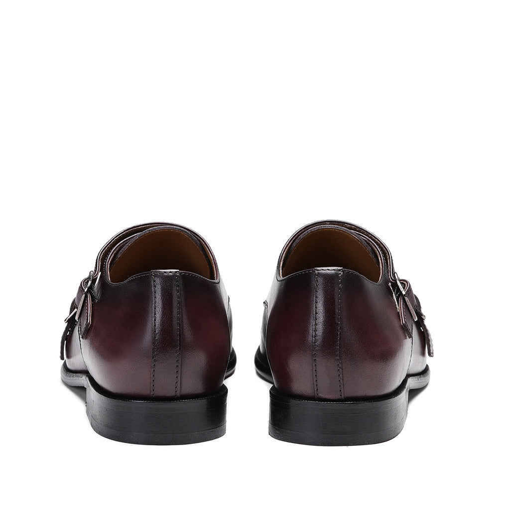 Saint Alboin Two Color Toned Red Leather Double Buckled Monk Strap Shoes - SaintG