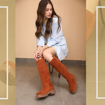 Janet Wood Suede Leather Pull On Knee High Boots
