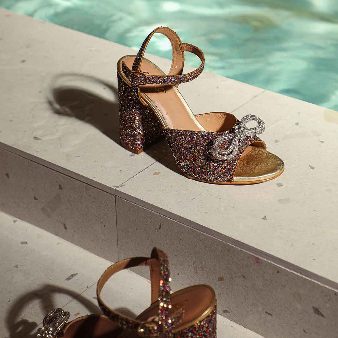 Bow Detail Glitter Heels - Saint Leonara's trendy multicolor leather block heels.