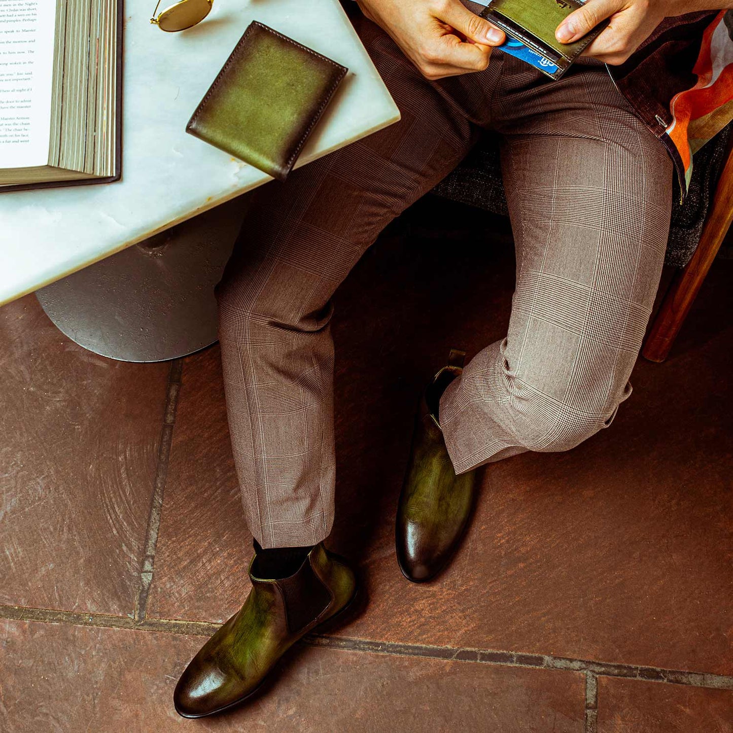 Two Color Toned Olive Leather Chelsea Boot for men