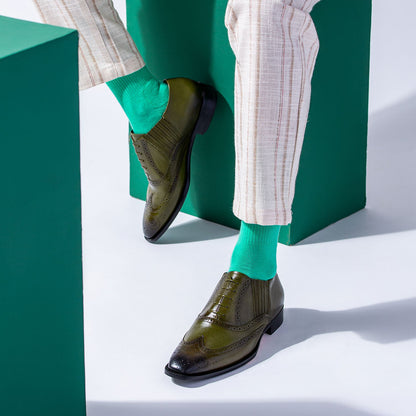 Olive Leather Square Toe Lace Up Décor Shoes for mens