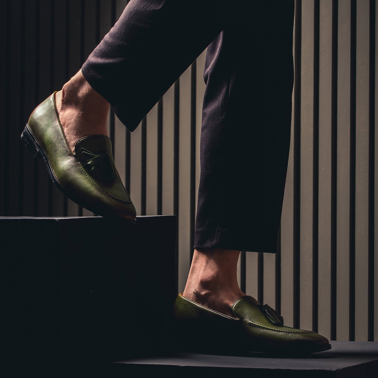 Olive Leather Tassel Moccasins for mens