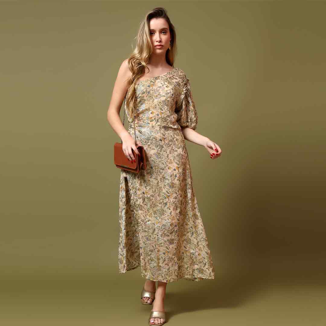 Saint Womens Beige Floral Printed One-Shoulder Maxi Dress
