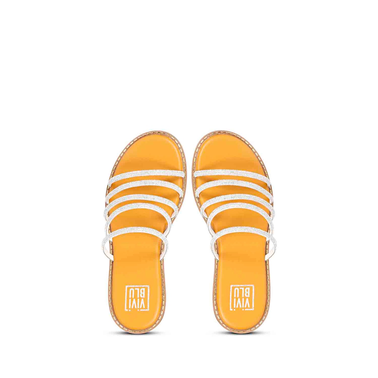 ViviBlu Musturd Leather Flat Sandals Embellished With White Straps