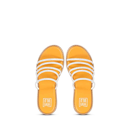 ViviBlu Musturd Leather Flat Sandals Embellished With White Straps