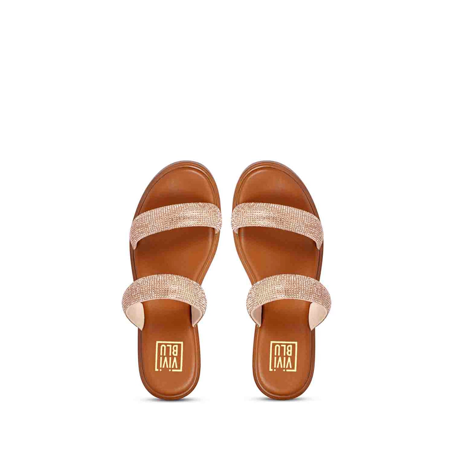 ViviBlu Tan Leather Platform Sandals Embellished With Champange Straps