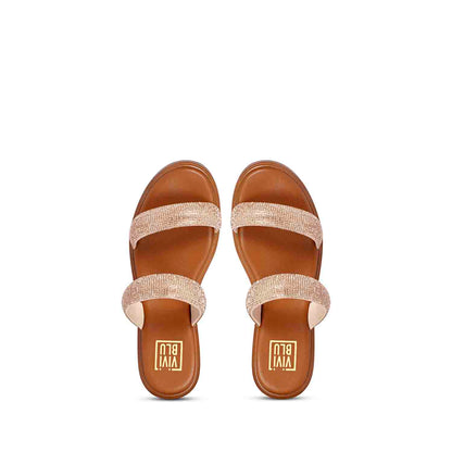 ViviBlu Tan Leather Platform Sandals Embellished With Champange Straps