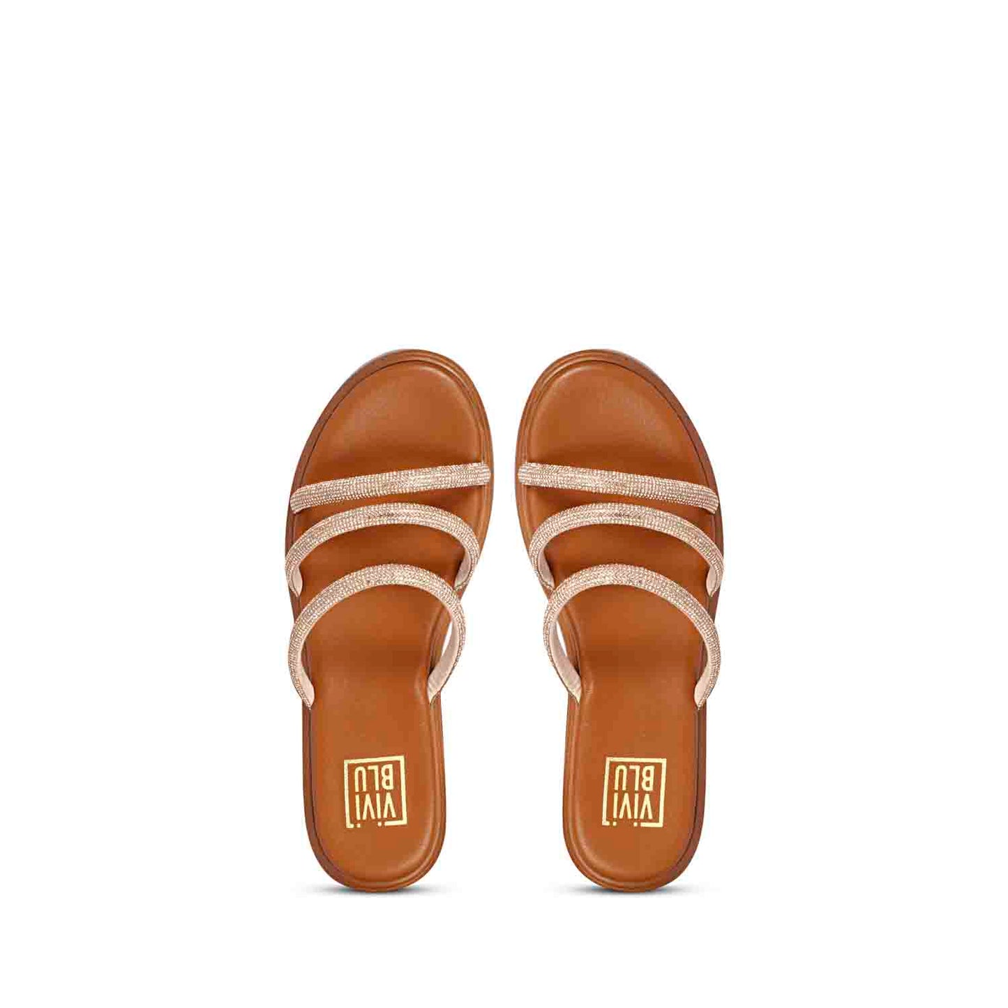 ViviBlu Tan Leather Platform Sandals Embellished With Champagne Straps