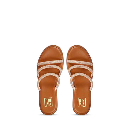 ViviBlu Tan Leather Platform Sandals Embellished With Champagne Straps
