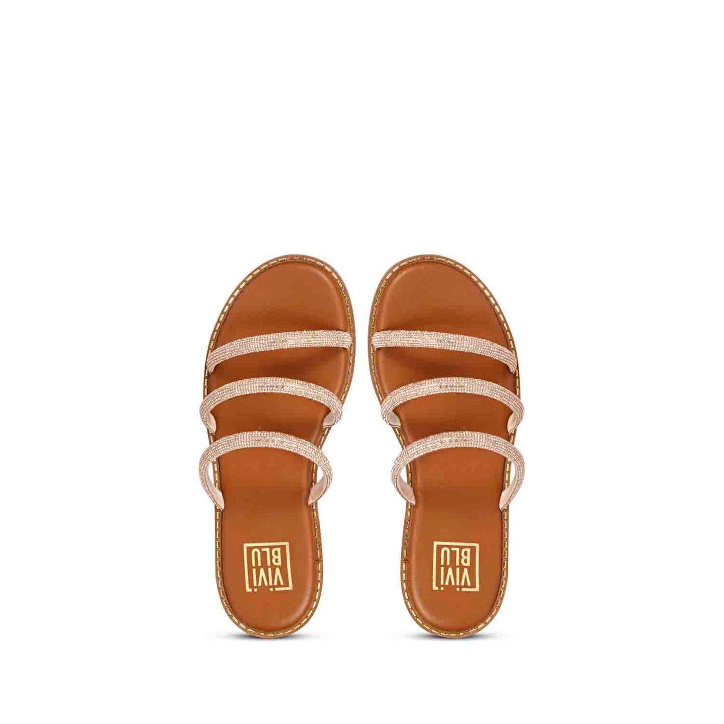 ViviBlu Tan Leather Flat Sandals Embellished With Champagne Straps